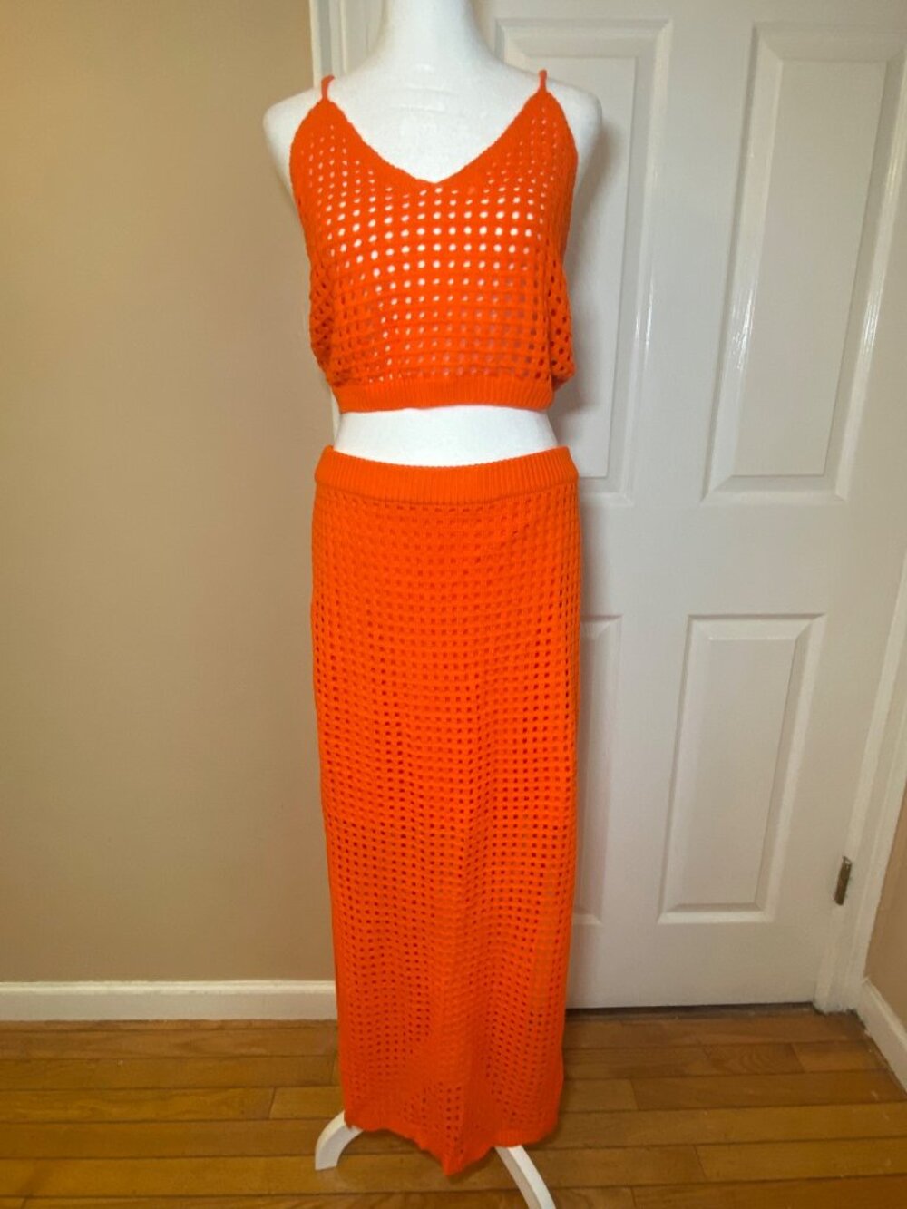 Feel With Love Orange Crochet Resort Crop Top Maxi Skirt Set XL